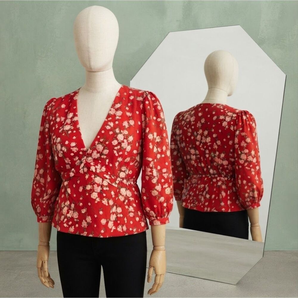 Sage The Label Blouse Women's Red and White Floral Top Size: Small
